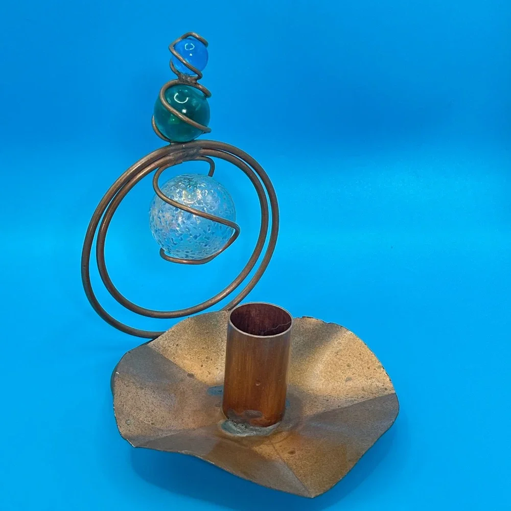 Artisan Copper Wire Glass Orb Candle Holder Sculpture Blue Green Mixed Media‎